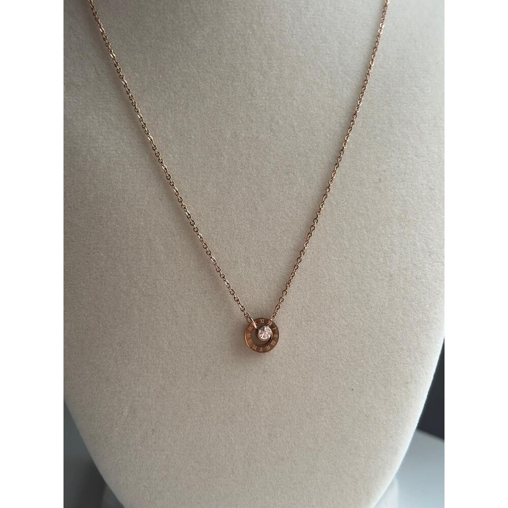 Rose Gold Circle Pendant Necklace Crystal Dainty Minimalist Jewelry - Picture 5 of 6